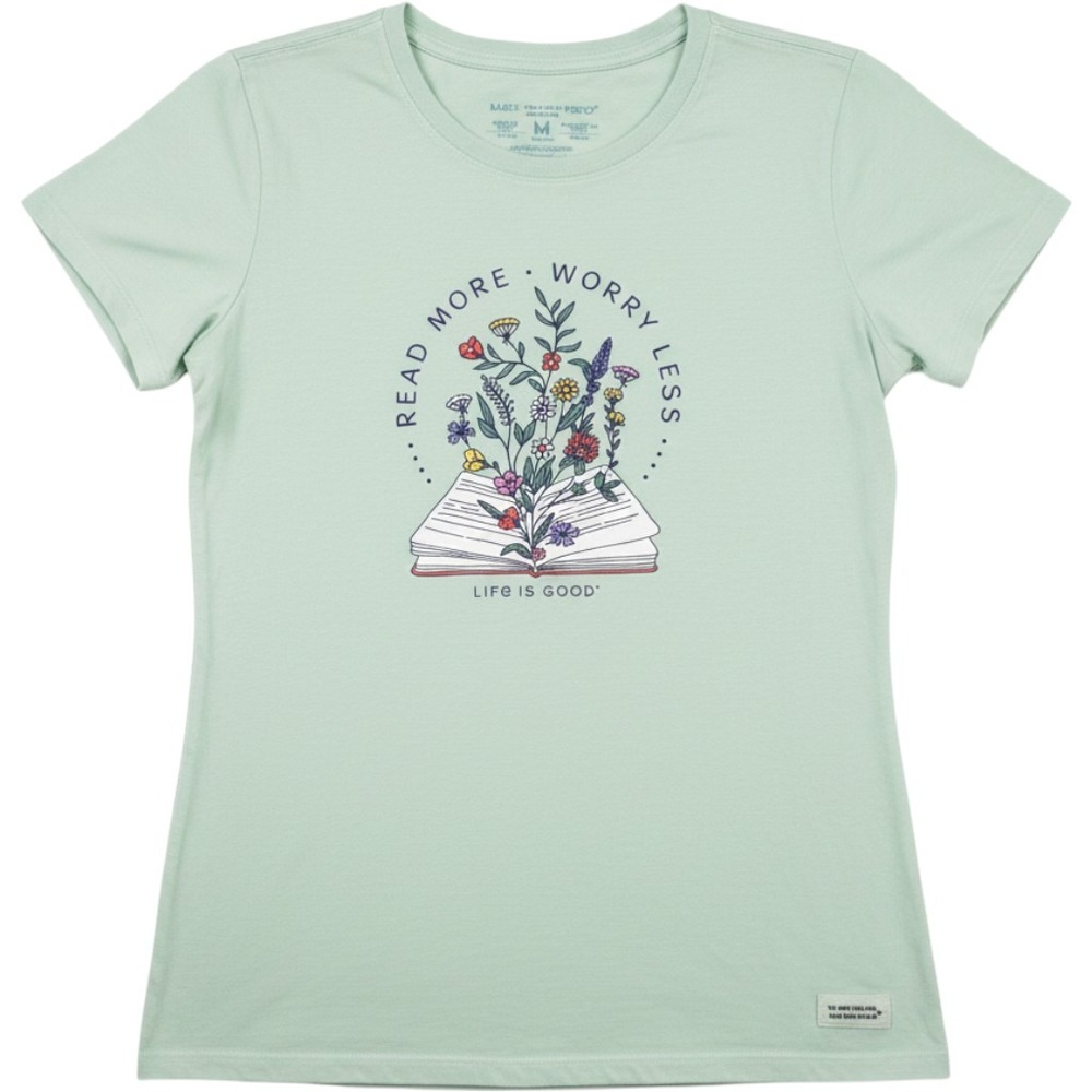 Life is Good Crusher T-Shirt Read More Worry Less Book Womens Medium Sage Green